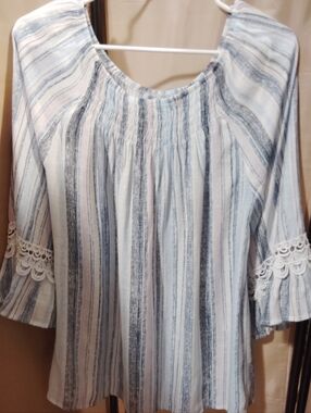 Women's Blue and White Striped Peasant Blouse with Lace Sleeve Trim